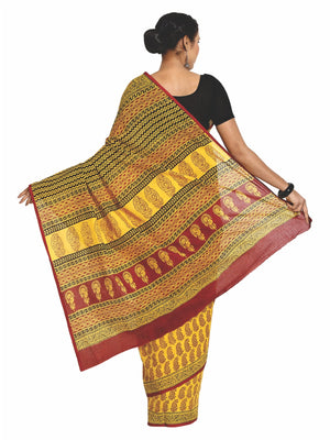 Yellow Cotton Hand Block Bagh Print Handcrafted Saree-Saree-Kalakari India-ZIBASA0037-Bagh, Cotton, Geographical Indication, Hand Blocks, Hand Crafted, Heritage Prints, Natural Dyes, Sarees, Sustainable Fabrics-[Linen,Ethnic,wear,Fashionista,Handloom,Handicraft,Indigo,blockprint,block,print,Cotton,Chanderi,Blue, latest,classy,party,bollywood,trendy,summer,style,traditional,formal,elegant,unique,style,hand,block,print, dabu,booti,gift,present,glamorous,affordable,collectible,Sari,Saree,printed, h