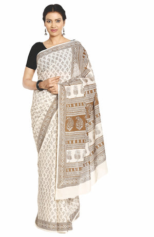 Off-White Cotton Hand Block Bagh Print Handcrafted Saree-Saree-Kalakari India-ZIBASA0039-Bagh, Cotton, Geographical Indication, Hand Blocks, Hand Crafted, Heritage Prints, Natural Dyes, Sarees, Sustainable Fabrics-[Linen,Ethnic,wear,Fashionista,Handloom,Handicraft,Indigo,blockprint,block,print,Cotton,Chanderi,Blue, latest,classy,party,bollywood,trendy,summer,style,traditional,formal,elegant,unique,style,hand,block,print, dabu,booti,gift,present,glamorous,affordable,collectible,Sari,Saree,printed