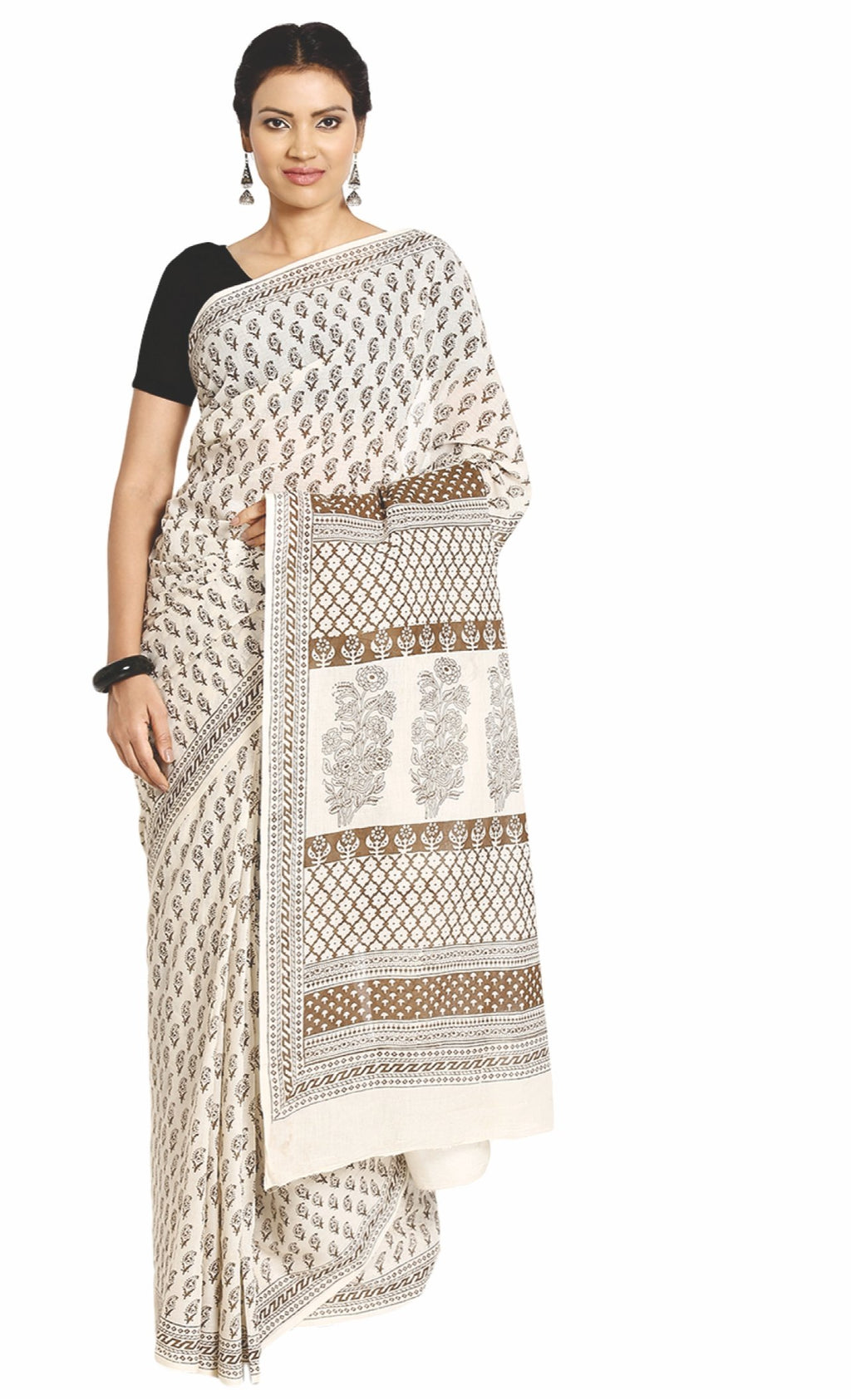 Off-White Cotton Hand Block Bagh Print Handcrafted Saree-Saree-Kalakari India-ZIBASA0042-Bagh, Cotton, Geographical Indication, Hand Blocks, Hand Crafted, Heritage Prints, Natural Dyes, Sarees, Sustainable Fabrics-[Linen,Ethnic,wear,Fashionista,Handloom,Handicraft,Indigo,blockprint,block,print,Cotton,Chanderi,Blue, latest,classy,party,bollywood,trendy,summer,style,traditional,formal,elegant,unique,style,hand,block,print, dabu,booti,gift,present,glamorous,affordable,collectible,Sari,Saree,printed