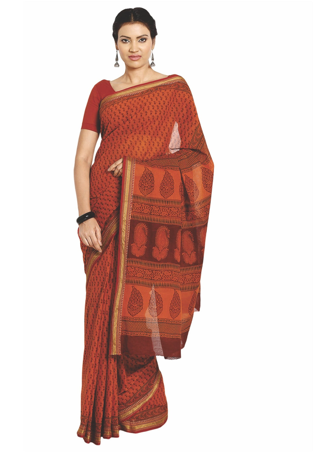 Orange Cotton Hand Block Bagh Print Handcrafted Saree-Saree-Kalakari India-ZIBASA0045-Bagh, Cotton, Geographical Indication, Hand Blocks, Hand Crafted, Heritage Prints, Natural Dyes, Sarees, Sustainable Fabrics-[Linen,Ethnic,wear,Fashionista,Handloom,Handicraft,Indigo,blockprint,block,print,Cotton,Chanderi,Blue, latest,classy,party,bollywood,trendy,summer,style,traditional,formal,elegant,unique,style,hand,block,print, dabu,booti,gift,present,glamorous,affordable,collectible,Sari,Saree,printed, h