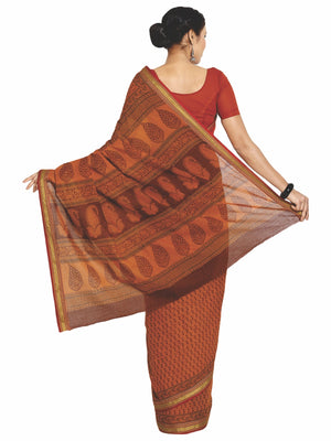 Orange Cotton Hand Block Bagh Print Handcrafted Saree-Saree-Kalakari India-ZIBASA0045-Bagh, Cotton, Geographical Indication, Hand Blocks, Hand Crafted, Heritage Prints, Natural Dyes, Sarees, Sustainable Fabrics-[Linen,Ethnic,wear,Fashionista,Handloom,Handicraft,Indigo,blockprint,block,print,Cotton,Chanderi,Blue, latest,classy,party,bollywood,trendy,summer,style,traditional,formal,elegant,unique,style,hand,block,print, dabu,booti,gift,present,glamorous,affordable,collectible,Sari,Saree,printed, h