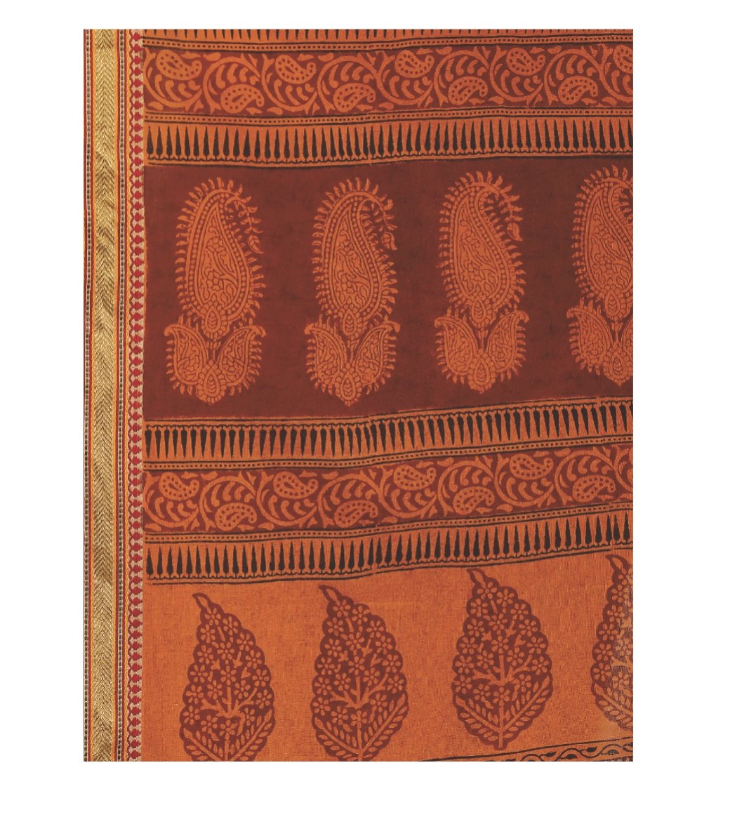 Orange Cotton Hand Block Bagh Print Handcrafted Saree-Saree-Kalakari India-ZIBASA0045-Bagh, Cotton, Geographical Indication, Hand Blocks, Hand Crafted, Heritage Prints, Natural Dyes, Sarees, Sustainable Fabrics-[Linen,Ethnic,wear,Fashionista,Handloom,Handicraft,Indigo,blockprint,block,print,Cotton,Chanderi,Blue, latest,classy,party,bollywood,trendy,summer,style,traditional,formal,elegant,unique,style,hand,block,print, dabu,booti,gift,present,glamorous,affordable,collectible,Sari,Saree,printed, h