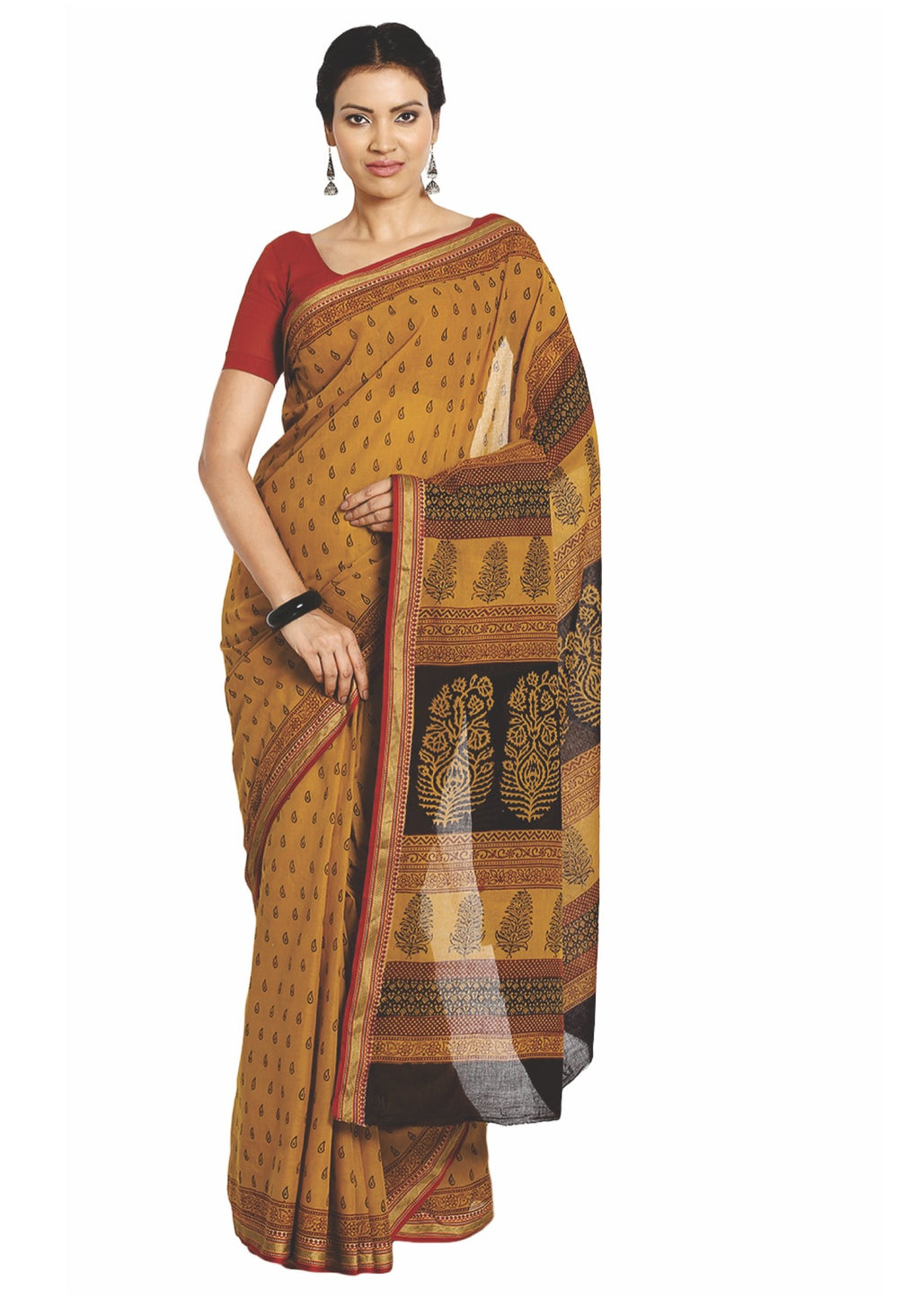 Mustard Yellow Cotton Hand Block Bagh Print Handcrafted Saree-Saree-Kalakari India-ZIBASA0046-Bagh, Cotton, Geographical Indication, Hand Blocks, Hand Crafted, Heritage Prints, Natural Dyes, Sarees, Sustainable Fabrics-[Linen,Ethnic,wear,Fashionista,Handloom,Handicraft,Indigo,blockprint,block,print,Cotton,Chanderi,Blue, latest,classy,party,bollywood,trendy,summer,style,traditional,formal,elegant,unique,style,hand,block,print, dabu,booti,gift,present,glamorous,affordable,collectible,Sari,Saree,pr