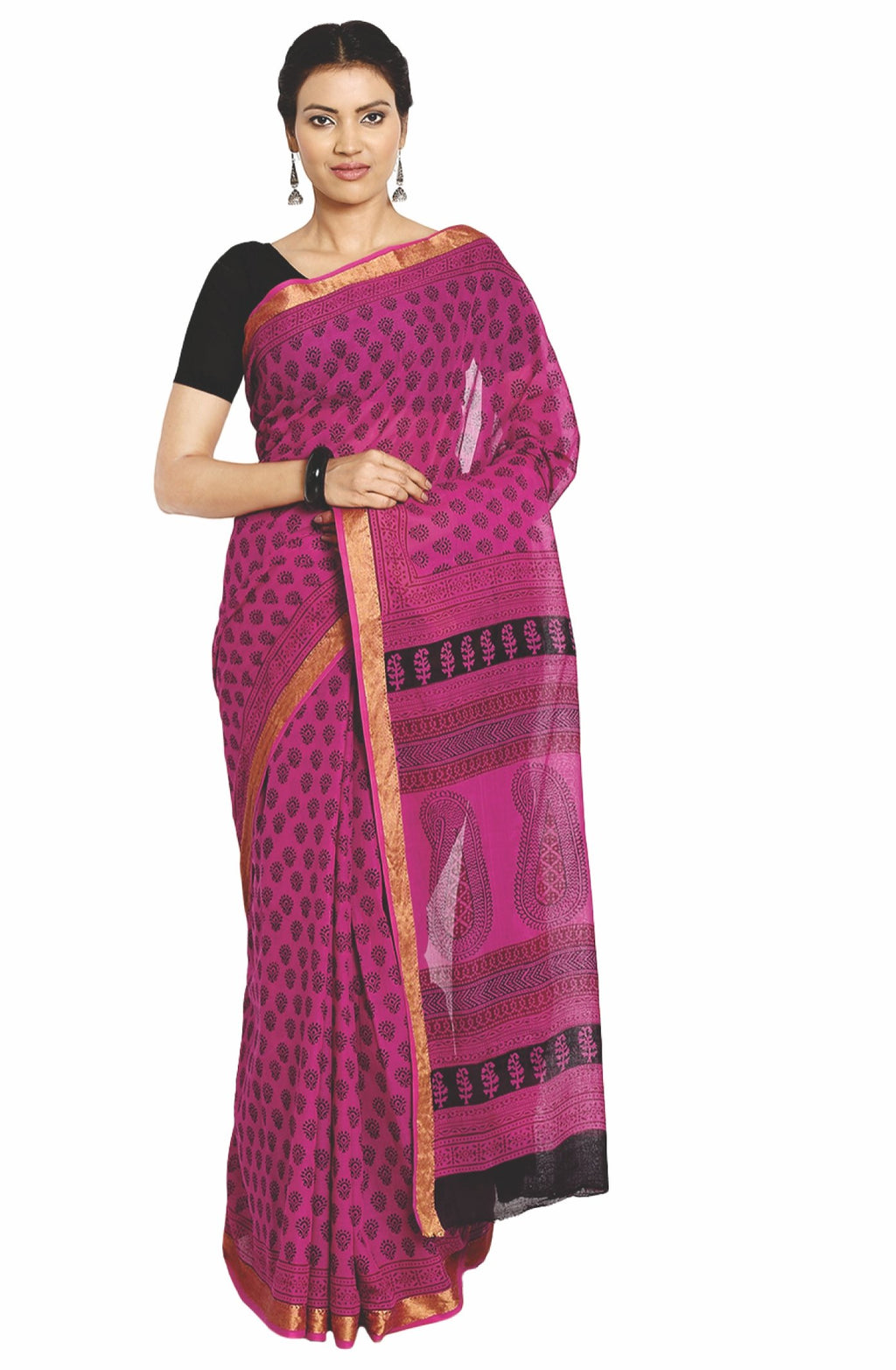 Magenta Cotton Hand Block Bagh Print Handcrafted Saree-Saree-Kalakari India-ZIBASA0047-Bagh, Cotton, Geographical Indication, Hand Blocks, Hand Crafted, Heritage Prints, Natural Dyes, Sarees, Sustainable Fabrics-[Linen,Ethnic,wear,Fashionista,Handloom,Handicraft,Indigo,blockprint,block,print,Cotton,Chanderi,Blue, latest,classy,party,bollywood,trendy,summer,style,traditional,formal,elegant,unique,style,hand,block,print, dabu,booti,gift,present,glamorous,affordable,collectible,Sari,Saree,printed, 