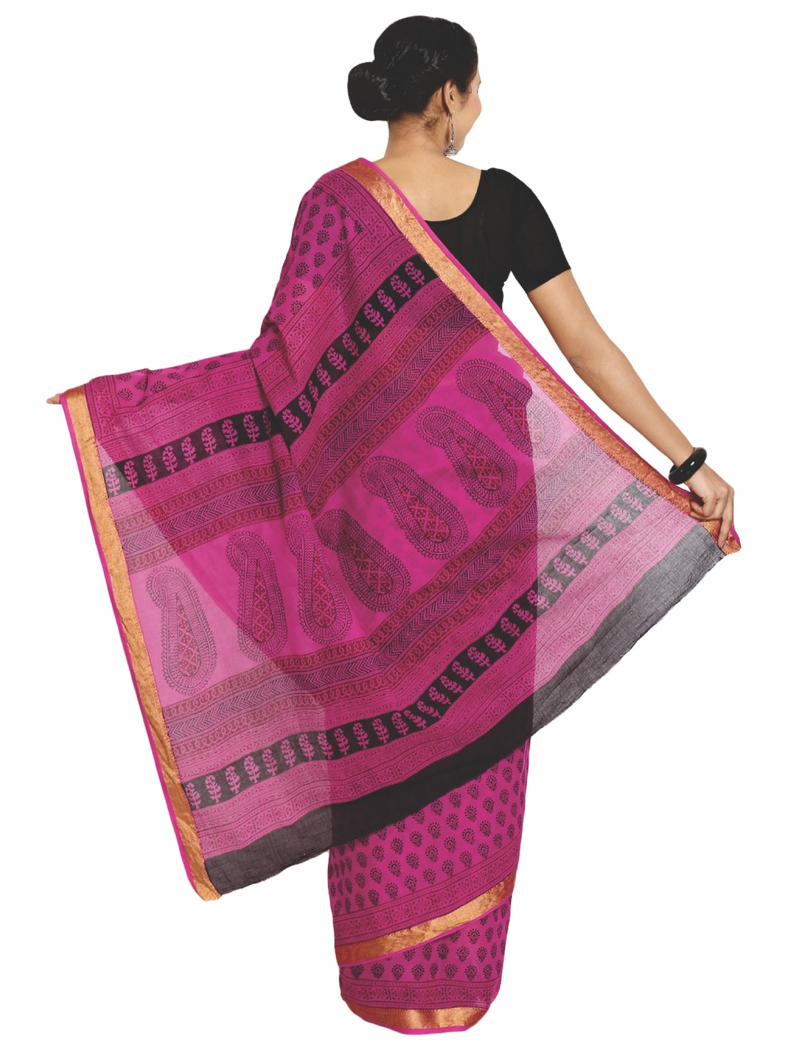 Magenta Cotton Hand Block Bagh Print Handcrafted Saree-Saree-Kalakari India-ZIBASA0047-Bagh, Cotton, Geographical Indication, Hand Blocks, Hand Crafted, Heritage Prints, Natural Dyes, Sarees, Sustainable Fabrics-[Linen,Ethnic,wear,Fashionista,Handloom,Handicraft,Indigo,blockprint,block,print,Cotton,Chanderi,Blue, latest,classy,party,bollywood,trendy,summer,style,traditional,formal,elegant,unique,style,hand,block,print, dabu,booti,gift,present,glamorous,affordable,collectible,Sari,Saree,printed, 