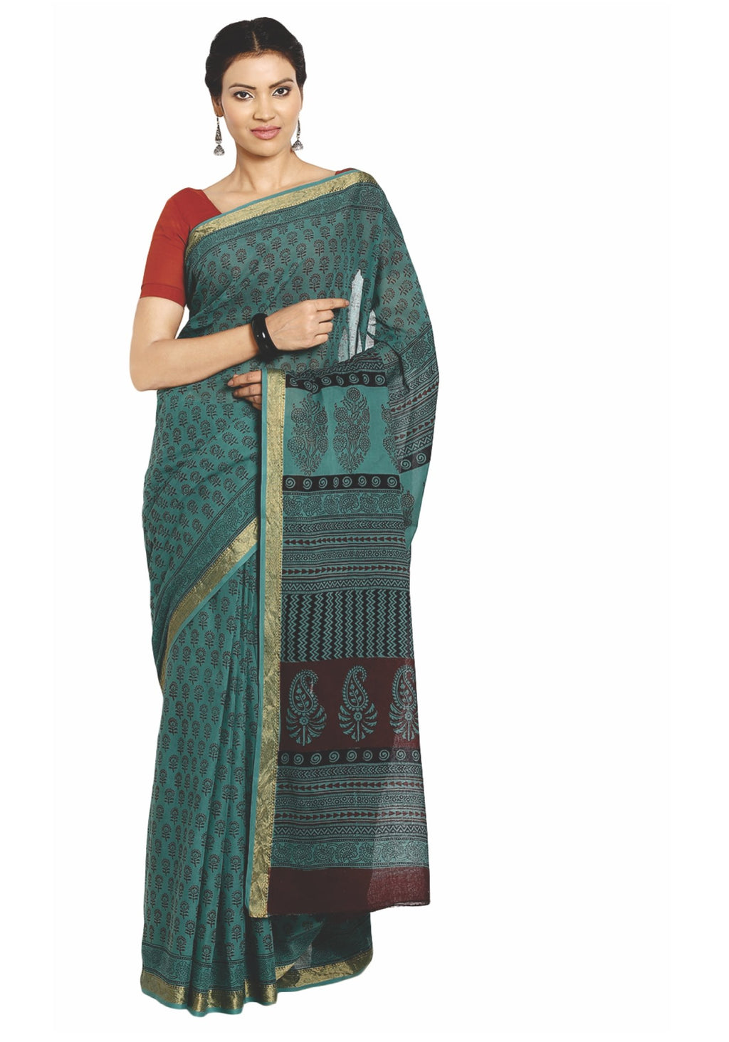 Teal Green Cotton Hand Block Bagh Print Handcrafted Saree-Saree-Kalakari India-ZIBASA0049-Bagh, Cotton, Geographical Indication, Hand Blocks, Hand Crafted, Heritage Prints, Natural Dyes, Sarees, Sustainable Fabrics-[Linen,Ethnic,wear,Fashionista,Handloom,Handicraft,Indigo,blockprint,block,print,Cotton,Chanderi,Blue, latest,classy,party,bollywood,trendy,summer,style,traditional,formal,elegant,unique,style,hand,block,print, dabu,booti,gift,present,glamorous,affordable,collectible,Sari,Saree,printe