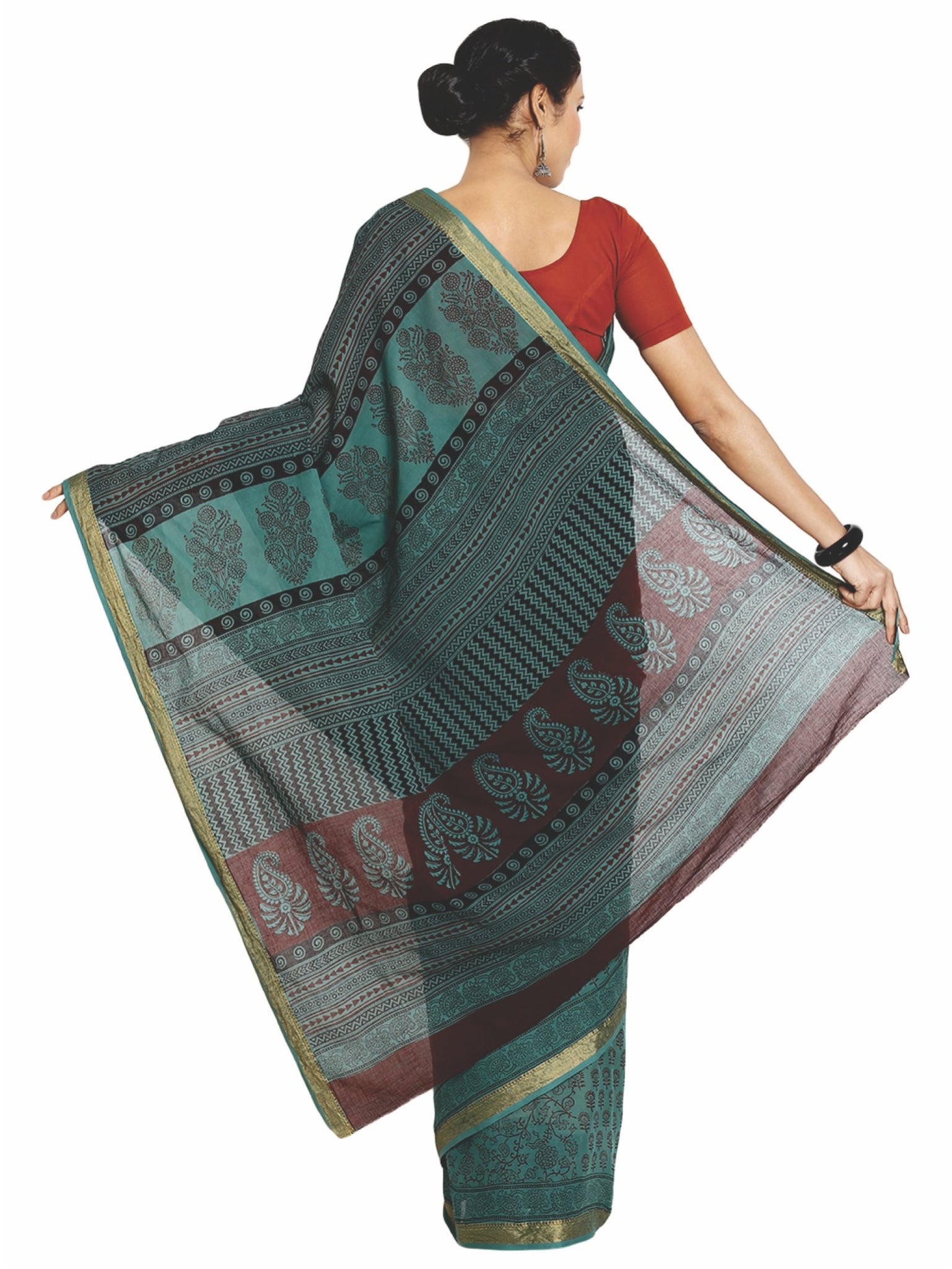 Teal Green Cotton Hand Block Bagh Print Handcrafted Saree-Saree-Kalakari India-ZIBASA0049-Bagh, Cotton, Geographical Indication, Hand Blocks, Hand Crafted, Heritage Prints, Natural Dyes, Sarees, Sustainable Fabrics-[Linen,Ethnic,wear,Fashionista,Handloom,Handicraft,Indigo,blockprint,block,print,Cotton,Chanderi,Blue, latest,classy,party,bollywood,trendy,summer,style,traditional,formal,elegant,unique,style,hand,block,print, dabu,booti,gift,present,glamorous,affordable,collectible,Sari,Saree,printe