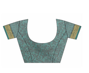 Teal Green Cotton Hand Block Bagh Print Handcrafted Saree-Saree-Kalakari India-ZIBASA0049-Bagh, Cotton, Geographical Indication, Hand Blocks, Hand Crafted, Heritage Prints, Natural Dyes, Sarees, Sustainable Fabrics-[Linen,Ethnic,wear,Fashionista,Handloom,Handicraft,Indigo,blockprint,block,print,Cotton,Chanderi,Blue, latest,classy,party,bollywood,trendy,summer,style,traditional,formal,elegant,unique,style,hand,block,print, dabu,booti,gift,present,glamorous,affordable,collectible,Sari,Saree,printe