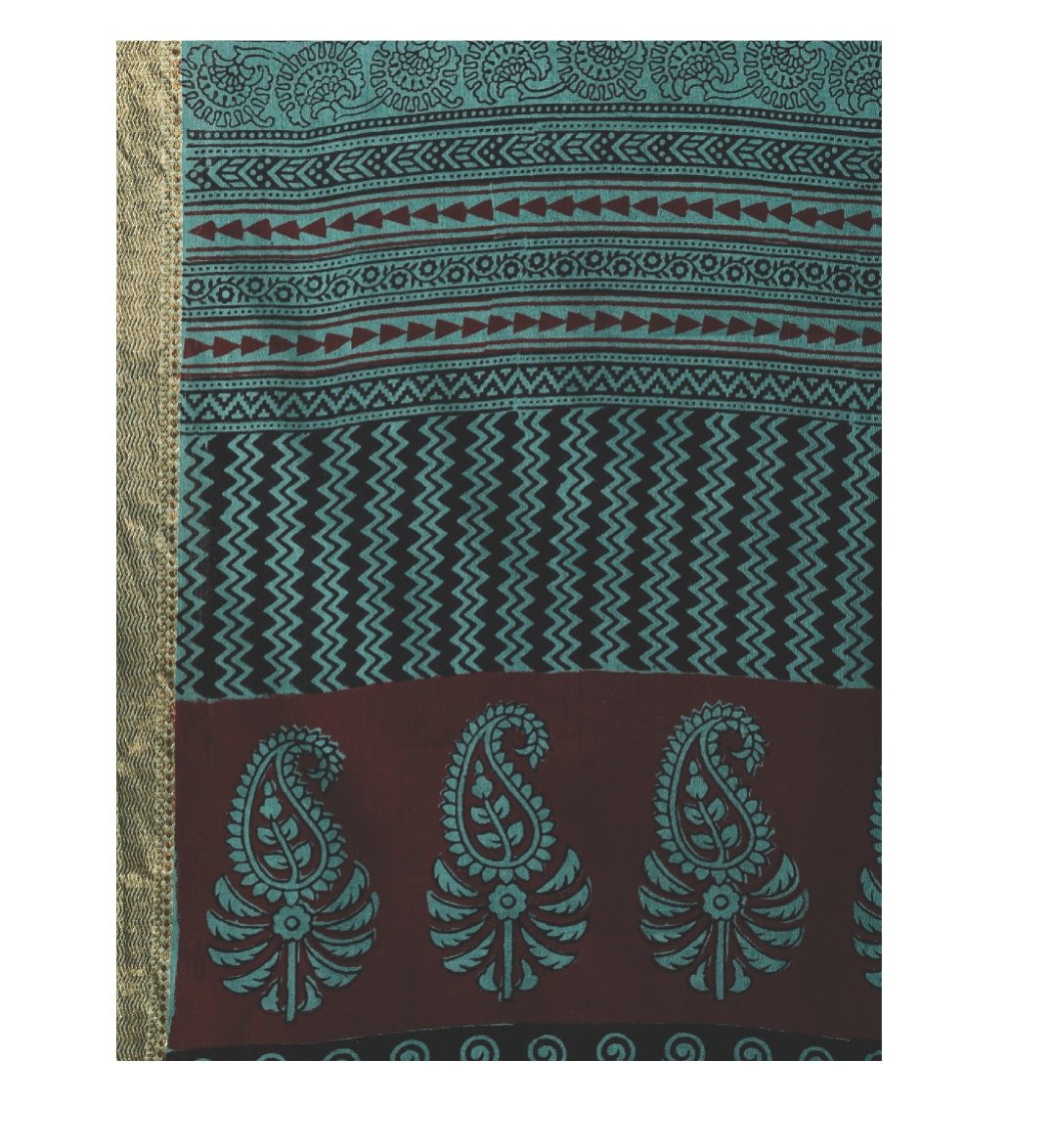 Teal Green Cotton Hand Block Bagh Print Handcrafted Saree-Saree-Kalakari India-ZIBASA0049-Bagh, Cotton, Geographical Indication, Hand Blocks, Hand Crafted, Heritage Prints, Natural Dyes, Sarees, Sustainable Fabrics-[Linen,Ethnic,wear,Fashionista,Handloom,Handicraft,Indigo,blockprint,block,print,Cotton,Chanderi,Blue, latest,classy,party,bollywood,trendy,summer,style,traditional,formal,elegant,unique,style,hand,block,print, dabu,booti,gift,present,glamorous,affordable,collectible,Sari,Saree,printe