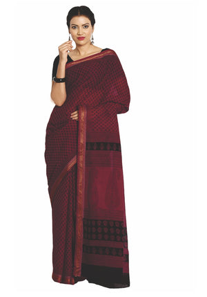 Maroon Cotton Hand Block Bagh Print Handcrafted Saree-Saree-Kalakari India-ZIBASA0051-Bagh, Cotton, Geographical Indication, Hand Blocks, Hand Crafted, Heritage Prints, Natural Dyes, Sarees, Sustainable Fabrics-[Linen,Ethnic,wear,Fashionista,Handloom,Handicraft,Indigo,blockprint,block,print,Cotton,Chanderi,Blue, latest,classy,party,bollywood,trendy,summer,style,traditional,formal,elegant,unique,style,hand,block,print, dabu,booti,gift,present,glamorous,affordable,collectible,Sari,Saree,printed, h