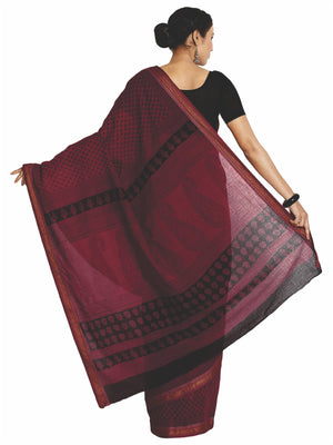 Maroon Cotton Hand Block Bagh Print Handcrafted Saree-Saree-Kalakari India-ZIBASA0051-Bagh, Cotton, Geographical Indication, Hand Blocks, Hand Crafted, Heritage Prints, Natural Dyes, Sarees, Sustainable Fabrics-[Linen,Ethnic,wear,Fashionista,Handloom,Handicraft,Indigo,blockprint,block,print,Cotton,Chanderi,Blue, latest,classy,party,bollywood,trendy,summer,style,traditional,formal,elegant,unique,style,hand,block,print, dabu,booti,gift,present,glamorous,affordable,collectible,Sari,Saree,printed, h