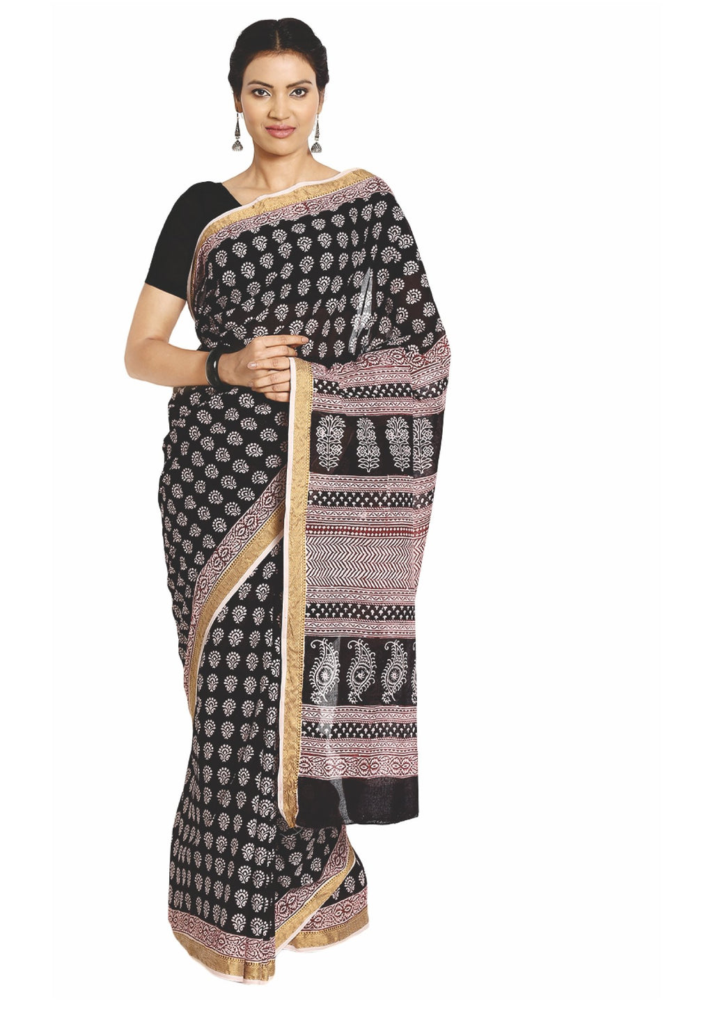 Black Cotton Hand Block Bagh Print Handcrafted Saree-Saree-Kalakari India-ZIBASA0054-Bagh, Cotton, Geographical Indication, Hand Blocks, Hand Crafted, Heritage Prints, Natural Dyes, Sarees, Sustainable Fabrics-[Linen,Ethnic,wear,Fashionista,Handloom,Handicraft,Indigo,blockprint,block,print,Cotton,Chanderi,Blue, latest,classy,party,bollywood,trendy,summer,style,traditional,formal,elegant,unique,style,hand,block,print, dabu,booti,gift,present,glamorous,affordable,collectible,Sari,Saree,printed, ho