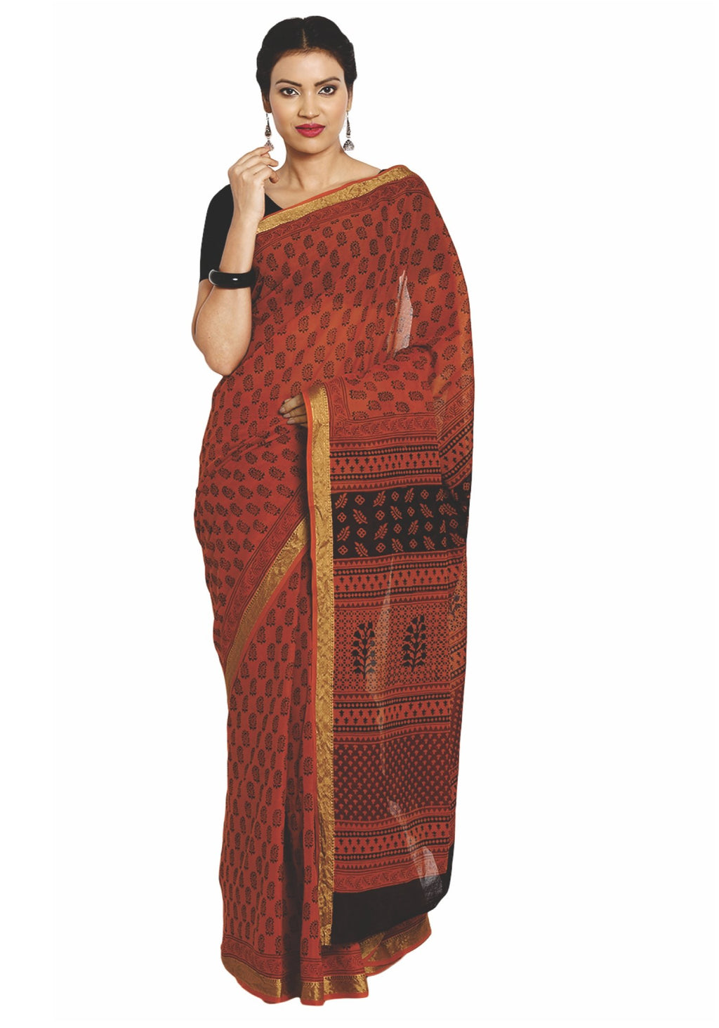 Orange Cotton Hand Block Bagh Print Handcrafted Saree-Saree-Kalakari India-ZIBASA0055-Bagh, Cotton, Geographical Indication, Hand Blocks, Hand Crafted, Heritage Prints, Natural Dyes, Sarees, Sustainable Fabrics-[Linen,Ethnic,wear,Fashionista,Handloom,Handicraft,Indigo,blockprint,block,print,Cotton,Chanderi,Blue, latest,classy,party,bollywood,trendy,summer,style,traditional,formal,elegant,unique,style,hand,block,print, dabu,booti,gift,present,glamorous,affordable,collectible,Sari,Saree,printed, h