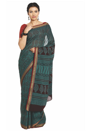 Teal Green Cotton Hand Block Bagh Print Handcrafted Saree-Saree-Kalakari India-ZIBASA0056-Bagh, Cotton, Geographical Indication, Hand Blocks, Hand Crafted, Heritage Prints, Natural Dyes, Sarees, Sustainable Fabrics-[Linen,Ethnic,wear,Fashionista,Handloom,Handicraft,Indigo,blockprint,block,print,Cotton,Chanderi,Blue, latest,classy,party,bollywood,trendy,summer,style,traditional,formal,elegant,unique,style,hand,block,print, dabu,booti,gift,present,glamorous,affordable,collectible,Sari,Saree,printe