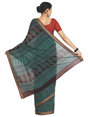 Teal Green Cotton Hand Block Bagh Print Handcrafted Saree-Saree-Kalakari India-ZIBASA0056-Bagh, Cotton, Geographical Indication, Hand Blocks, Hand Crafted, Heritage Prints, Natural Dyes, Sarees, Sustainable Fabrics-[Linen,Ethnic,wear,Fashionista,Handloom,Handicraft,Indigo,blockprint,block,print,Cotton,Chanderi,Blue, latest,classy,party,bollywood,trendy,summer,style,traditional,formal,elegant,unique,style,hand,block,print, dabu,booti,gift,present,glamorous,affordable,collectible,Sari,Saree,printe
