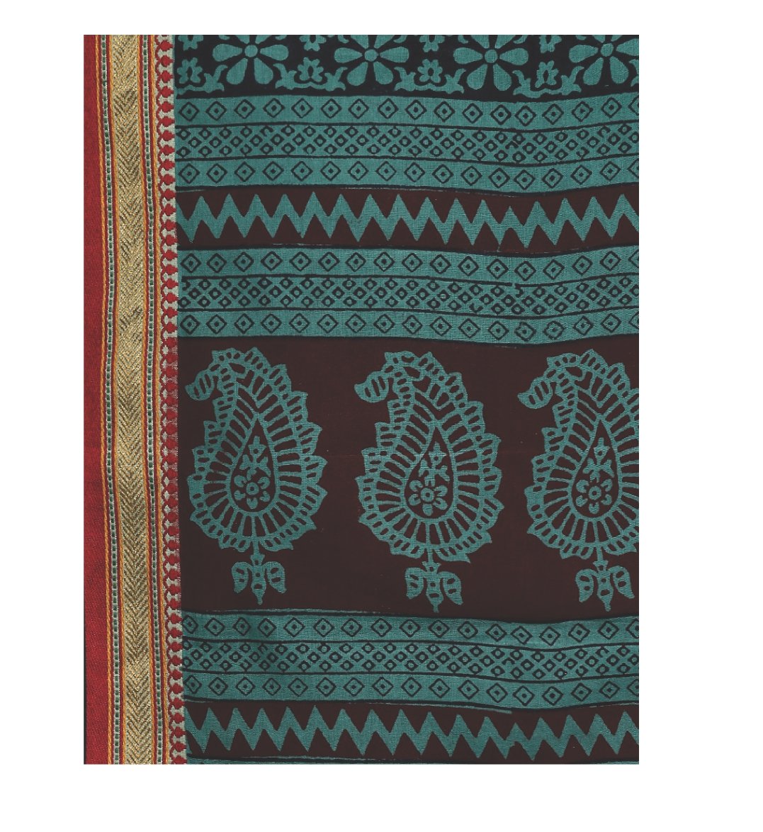 Teal Green Cotton Hand Block Bagh Print Handcrafted Saree-Saree-Kalakari India-ZIBASA0056-Bagh, Cotton, Geographical Indication, Hand Blocks, Hand Crafted, Heritage Prints, Natural Dyes, Sarees, Sustainable Fabrics-[Linen,Ethnic,wear,Fashionista,Handloom,Handicraft,Indigo,blockprint,block,print,Cotton,Chanderi,Blue, latest,classy,party,bollywood,trendy,summer,style,traditional,formal,elegant,unique,style,hand,block,print, dabu,booti,gift,present,glamorous,affordable,collectible,Sari,Saree,printe