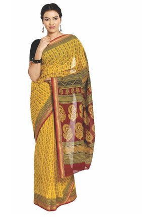 Yellow Cotton Hand Block Bagh Print Handcrafted Saree-Saree-Kalakari India-ZIBASA0059-Bagh, Cotton, Geographical Indication, Hand Blocks, Hand Crafted, Heritage Prints, Natural Dyes, Sarees, Sustainable Fabrics-[Linen,Ethnic,wear,Fashionista,Handloom,Handicraft,Indigo,blockprint,block,print,Cotton,Chanderi,Blue, latest,classy,party,bollywood,trendy,summer,style,traditional,formal,elegant,unique,style,hand,block,print, dabu,booti,gift,present,glamorous,affordable,collectible,Sari,Saree,printed, h
