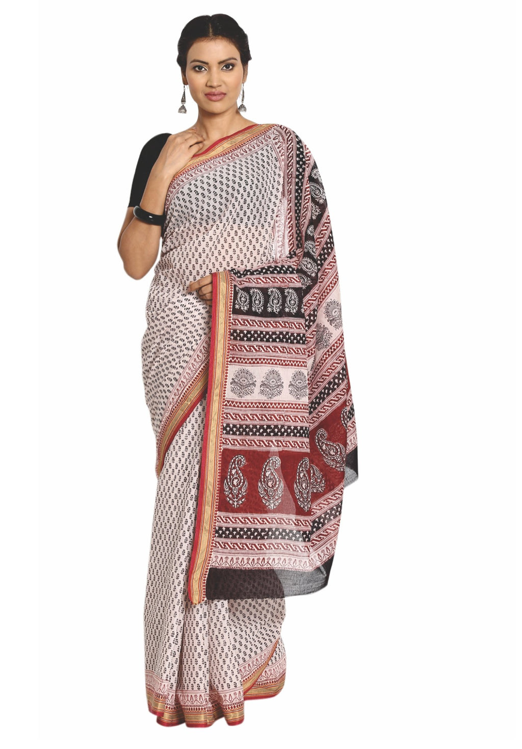 Pink Cotton Hand Block Bagh Print Handcrafted Saree-Saree-Kalakari India-ZIBASA0060-Bagh, Cotton, Geographical Indication, Hand Blocks, Hand Crafted, Heritage Prints, Natural Dyes, Sarees, Sustainable Fabrics-[Linen,Ethnic,wear,Fashionista,Handloom,Handicraft,Indigo,blockprint,block,print,Cotton,Chanderi,Blue, latest,classy,party,bollywood,trendy,summer,style,traditional,formal,elegant,unique,style,hand,block,print, dabu,booti,gift,present,glamorous,affordable,collectible,Sari,Saree,printed, hol