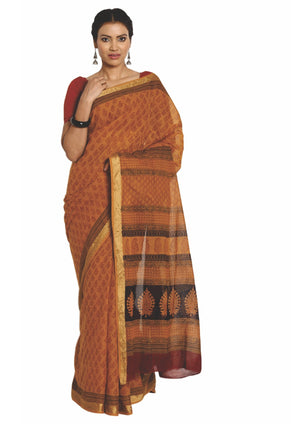 Rust Orange Cotton Hand Block Bagh Print Handcrafted Saree-Saree-Kalakari India-ZIBASA0064-Bagh, Cotton, Geographical Indication, Hand Blocks, Hand Crafted, Heritage Prints, Natural Dyes, Sarees, Sustainable Fabrics-[Linen,Ethnic,wear,Fashionista,Handloom,Handicraft,Indigo,blockprint,block,print,Cotton,Chanderi,Blue, latest,classy,party,bollywood,trendy,summer,style,traditional,formal,elegant,unique,style,hand,block,print, dabu,booti,gift,present,glamorous,affordable,collectible,Sari,Saree,print