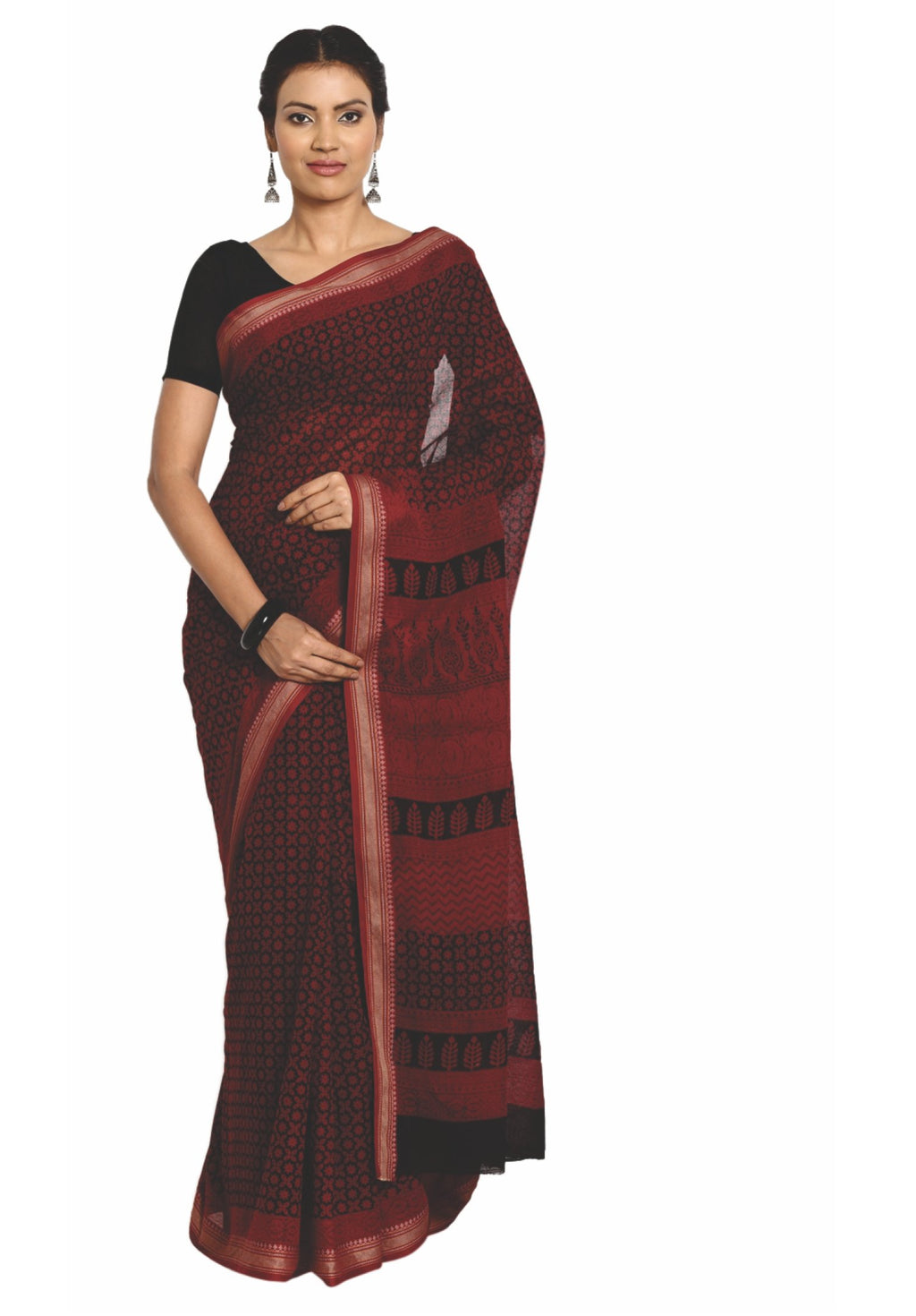 Maroon Cotton Hand Block Bagh Print Handcrafted Saree-Saree-Kalakari India-ZIBASA0066-Bagh, Cotton, Geographical Indication, Hand Blocks, Hand Crafted, Heritage Prints, Natural Dyes, Sarees, Sustainable Fabrics-[Linen,Ethnic,wear,Fashionista,Handloom,Handicraft,Indigo,blockprint,block,print,Cotton,Chanderi,Blue, latest,classy,party,bollywood,trendy,summer,style,traditional,formal,elegant,unique,style,hand,block,print, dabu,booti,gift,present,glamorous,affordable,collectible,Sari,Saree,printed, h