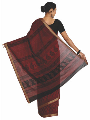 Maroon Cotton Hand Block Bagh Print Handcrafted Saree-Saree-Kalakari India-ZIBASA0071-Bagh, Cotton, Geographical Indication, Hand Blocks, Hand Crafted, Heritage Prints, Natural Dyes, Sarees, Sustainable Fabrics-[Linen,Ethnic,wear,Fashionista,Handloom,Handicraft,Indigo,blockprint,block,print,Cotton,Chanderi,Blue, latest,classy,party,bollywood,trendy,summer,style,traditional,formal,elegant,unique,style,hand,block,print, dabu,booti,gift,present,glamorous,affordable,collectible,Sari,Saree,printed, h