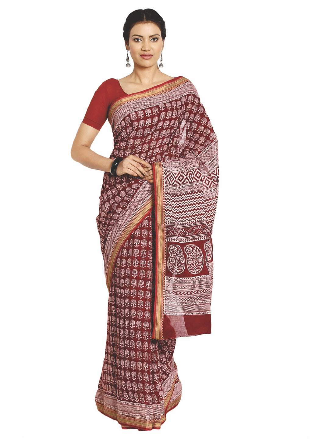 Red Cotton Hand Block Bagh Print Handcrafted Saree-Saree-Kalakari India-ZIBASA0073-Bagh, Cotton, Geographical Indication, Hand Blocks, Hand Crafted, Heritage Prints, Natural Dyes, Sarees, Sustainable Fabrics-[Linen,Ethnic,wear,Fashionista,Handloom,Handicraft,Indigo,blockprint,block,print,Cotton,Chanderi,Blue, latest,classy,party,bollywood,trendy,summer,style,traditional,formal,elegant,unique,style,hand,block,print, dabu,booti,gift,present,glamorous,affordable,collectible,Sari,Saree,printed, holi
