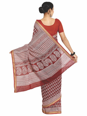Red Cotton Hand Block Bagh Print Handcrafted Saree-Saree-Kalakari India-ZIBASA0073-Bagh, Cotton, Geographical Indication, Hand Blocks, Hand Crafted, Heritage Prints, Natural Dyes, Sarees, Sustainable Fabrics-[Linen,Ethnic,wear,Fashionista,Handloom,Handicraft,Indigo,blockprint,block,print,Cotton,Chanderi,Blue, latest,classy,party,bollywood,trendy,summer,style,traditional,formal,elegant,unique,style,hand,block,print, dabu,booti,gift,present,glamorous,affordable,collectible,Sari,Saree,printed, holi