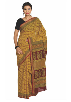 Mustard Yellow Cotton Hand Block Bagh Print Handcrafted Saree-Saree-Kalakari India-ZIBASA0075-Bagh, Cotton, Geographical Indication, Hand Blocks, Hand Crafted, Heritage Prints, Natural Dyes, Sarees, Sustainable Fabrics-[Linen,Ethnic,wear,Fashionista,Handloom,Handicraft,Indigo,blockprint,block,print,Cotton,Chanderi,Blue, latest,classy,party,bollywood,trendy,summer,style,traditional,formal,elegant,unique,style,hand,block,print, dabu,booti,gift,present,glamorous,affordable,collectible,Sari,Saree,pr