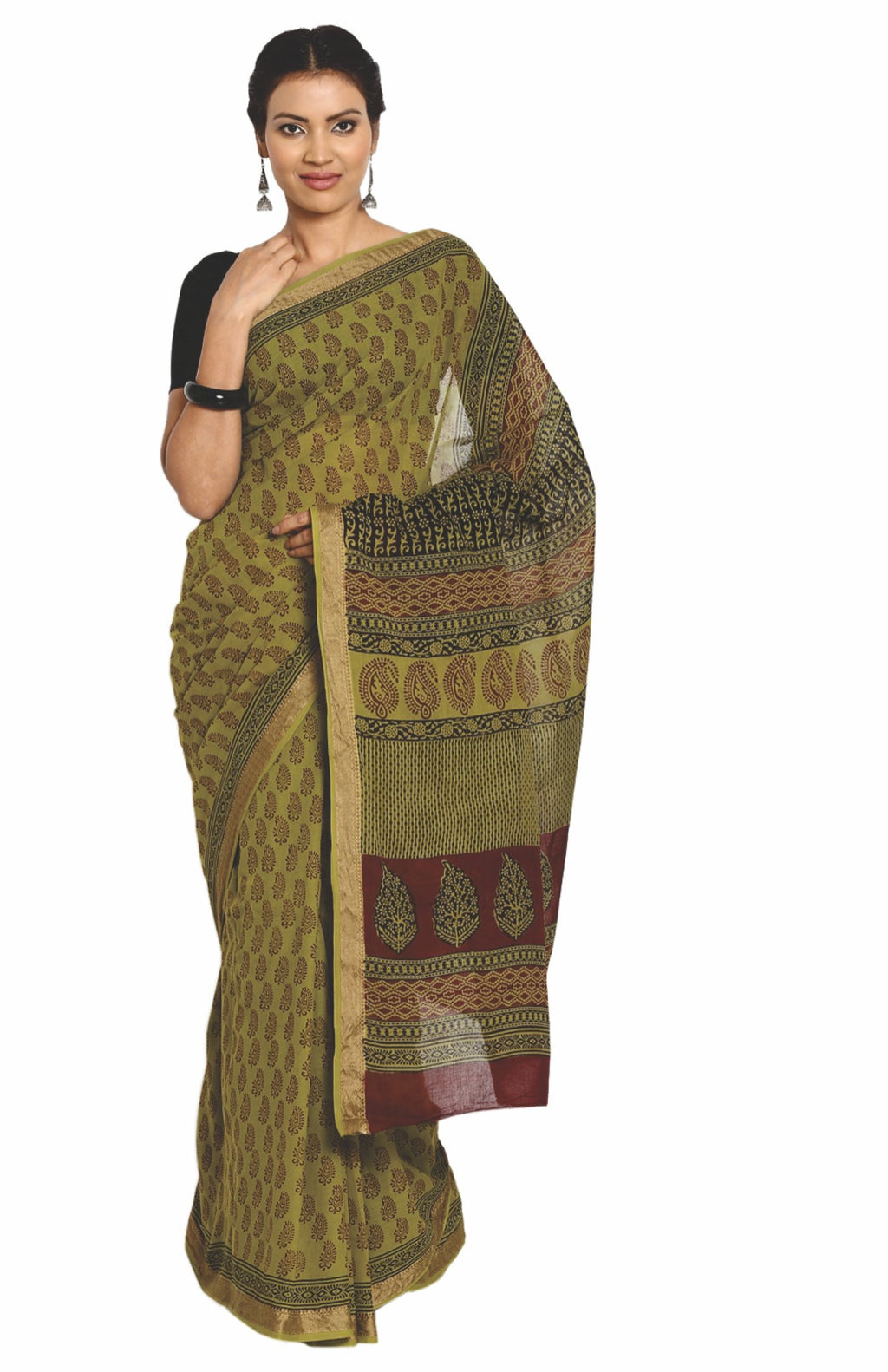 Olive Green Cotton Hand Block Bagh Print Handcrafted Saree-Saree-Kalakari India-ZIBASA0077-Bagh, Cotton, Geographical Indication, Hand Blocks, Hand Crafted, Heritage Prints, Natural Dyes, Sarees, Sustainable Fabrics-[Linen,Ethnic,wear,Fashionista,Handloom,Handicraft,Indigo,blockprint,block,print,Cotton,Chanderi,Blue, latest,classy,party,bollywood,trendy,summer,style,traditional,formal,elegant,unique,style,hand,block,print, dabu,booti,gift,present,glamorous,affordable,collectible,Sari,Saree,print
