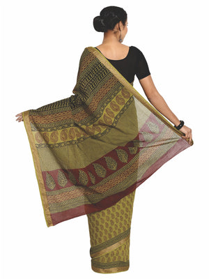 Olive Green Cotton Hand Block Bagh Print Handcrafted Saree-Saree-Kalakari India-ZIBASA0077-Bagh, Cotton, Geographical Indication, Hand Blocks, Hand Crafted, Heritage Prints, Natural Dyes, Sarees, Sustainable Fabrics-[Linen,Ethnic,wear,Fashionista,Handloom,Handicraft,Indigo,blockprint,block,print,Cotton,Chanderi,Blue, latest,classy,party,bollywood,trendy,summer,style,traditional,formal,elegant,unique,style,hand,block,print, dabu,booti,gift,present,glamorous,affordable,collectible,Sari,Saree,print