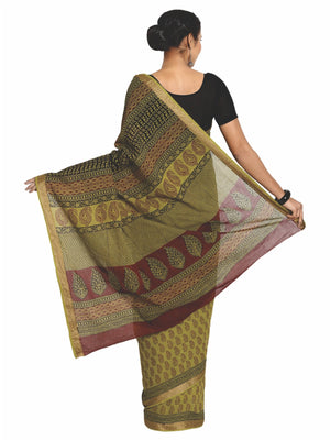Olive Green Cotton Hand Block Bagh Print Handcrafted Saree-Saree-Kalakari India-ZIBASA0077-Bagh, Cotton, Geographical Indication, Hand Blocks, Hand Crafted, Heritage Prints, Natural Dyes, Sarees, Sustainable Fabrics-[Linen,Ethnic,wear,Fashionista,Handloom,Handicraft,Indigo,blockprint,block,print,Cotton,Chanderi,Blue, latest,classy,party,bollywood,trendy,summer,style,traditional,formal,elegant,unique,style,hand,block,print, dabu,booti,gift,present,glamorous,affordable,collectible,Sari,Saree,print
