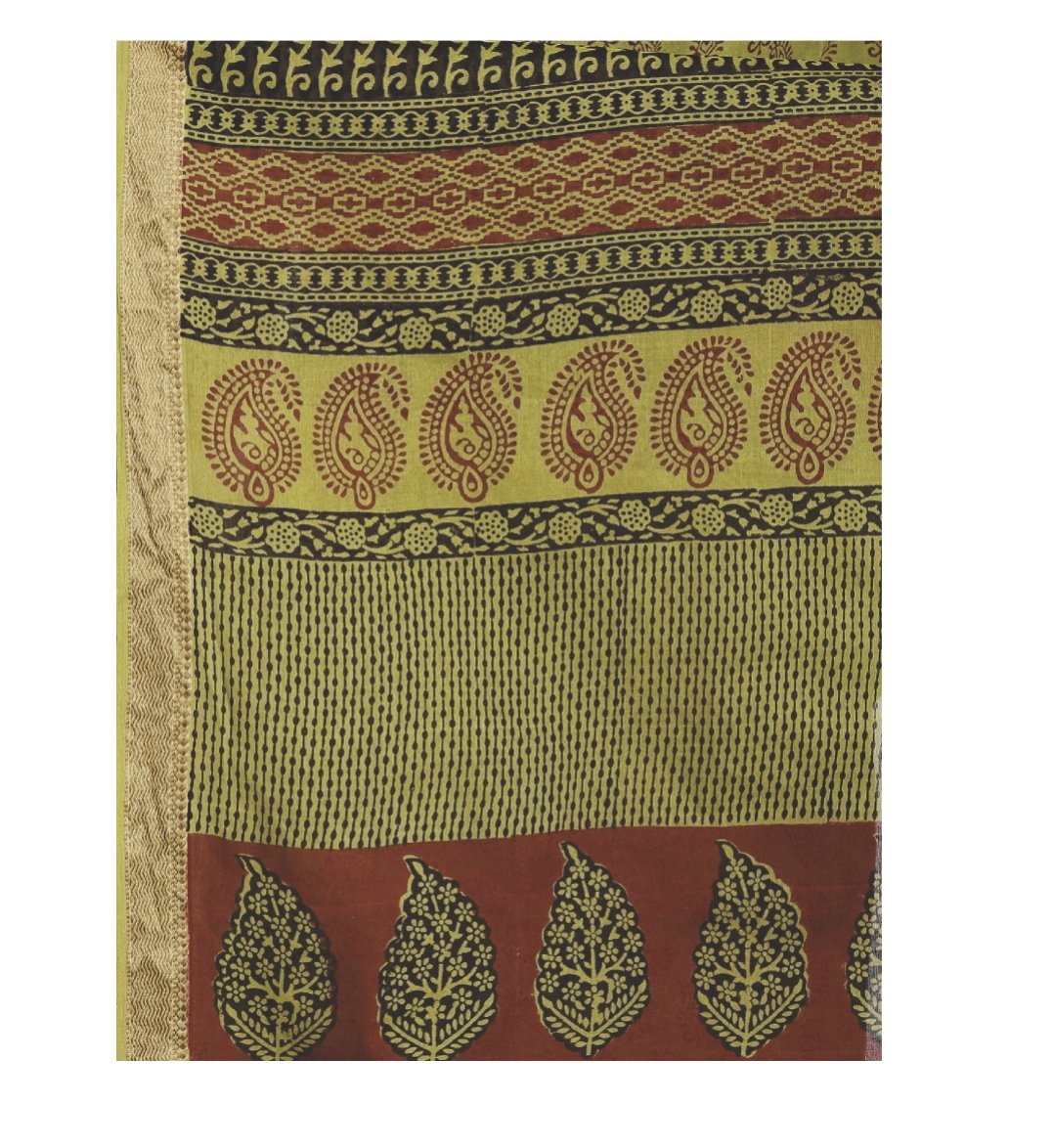 Olive Green Cotton Hand Block Bagh Print Handcrafted Saree-Saree-Kalakari India-ZIBASA0077-Bagh, Cotton, Geographical Indication, Hand Blocks, Hand Crafted, Heritage Prints, Natural Dyes, Sarees, Sustainable Fabrics-[Linen,Ethnic,wear,Fashionista,Handloom,Handicraft,Indigo,blockprint,block,print,Cotton,Chanderi,Blue, latest,classy,party,bollywood,trendy,summer,style,traditional,formal,elegant,unique,style,hand,block,print, dabu,booti,gift,present,glamorous,affordable,collectible,Sari,Saree,print