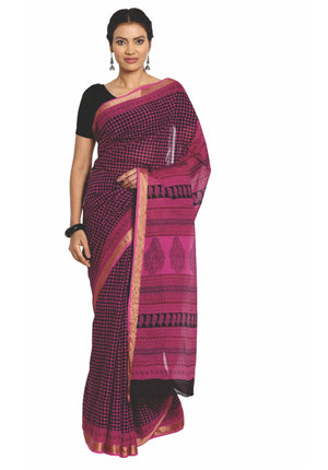 Magenta Cotton Hand Block Bagh Print Handcrafted Saree-Saree-Kalakari India-ZIBASA0078-Bagh, Cotton, Geographical Indication, Hand Blocks, Hand Crafted, Heritage Prints, Natural Dyes, Sarees, Sustainable Fabrics-[Linen,Ethnic,wear,Fashionista,Handloom,Handicraft,Indigo,blockprint,block,print,Cotton,Chanderi,Blue, latest,classy,party,bollywood,trendy,summer,style,traditional,formal,elegant,unique,style,hand,block,print, dabu,booti,gift,present,glamorous,affordable,collectible,Sari,Saree,printed, 