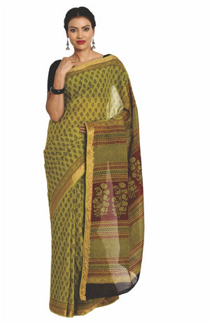 Green Cotton Hand Block Bagh Print Handcrafted Saree-Saree-Kalakari India-ZIBASA0079-Bagh, Cotton, Geographical Indication, Hand Blocks, Hand Crafted, Heritage Prints, Natural Dyes, Sarees, Sustainable Fabrics-[Linen,Ethnic,wear,Fashionista,Handloom,Handicraft,Indigo,blockprint,block,print,Cotton,Chanderi,Blue, latest,classy,party,bollywood,trendy,summer,style,traditional,formal,elegant,unique,style,hand,block,print, dabu,booti,gift,present,glamorous,affordable,collectible,Sari,Saree,printed, ho