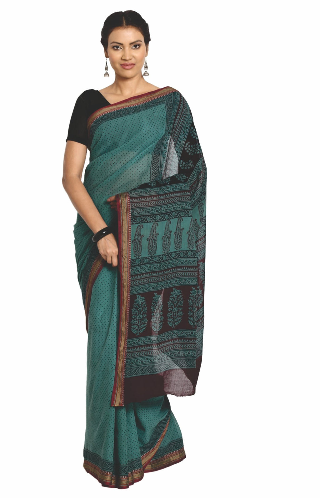 Teal Green Cotton Hand Block Bagh Print Handcrafted Saree-Saree-Kalakari India-ZIBASA0080-Bagh, Cotton, Geographical Indication, Hand Blocks, Hand Crafted, Heritage Prints, Natural Dyes, Sarees, Sustainable Fabrics-[Linen,Ethnic,wear,Fashionista,Handloom,Handicraft,Indigo,blockprint,block,print,Cotton,Chanderi,Blue, latest,classy,party,bollywood,trendy,summer,style,traditional,formal,elegant,unique,style,hand,block,print, dabu,booti,gift,present,glamorous,affordable,collectible,Sari,Saree,printe
