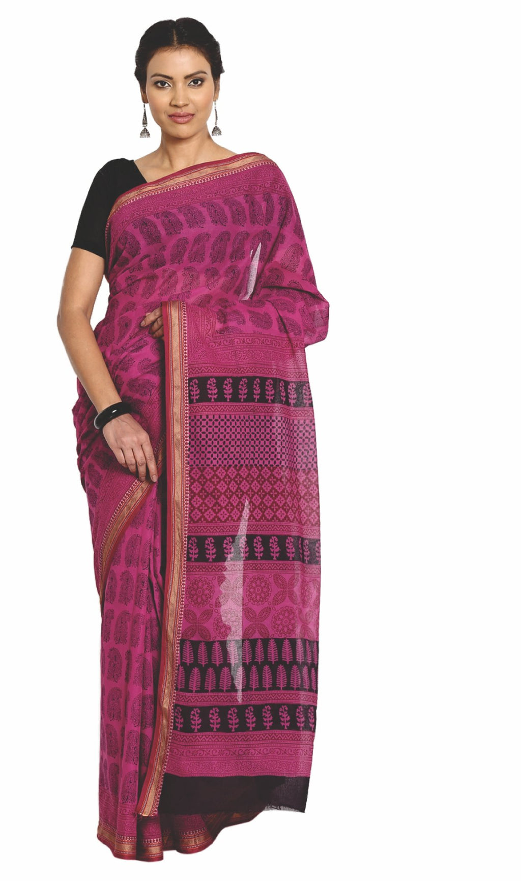 Pink Cotton Hand Block Bagh Print Handcrafted Saree-Saree-Kalakari India-ZIBASA0082-Bagh, Cotton, Geographical Indication, Hand Blocks, Hand Crafted, Heritage Prints, Natural Dyes, Sarees, Sustainable Fabrics-[Linen,Ethnic,wear,Fashionista,Handloom,Handicraft,Indigo,blockprint,block,print,Cotton,Chanderi,Blue, latest,classy,party,bollywood,trendy,summer,style,traditional,formal,elegant,unique,style,hand,block,print, dabu,booti,gift,present,glamorous,affordable,collectible,Sari,Saree,printed, hol