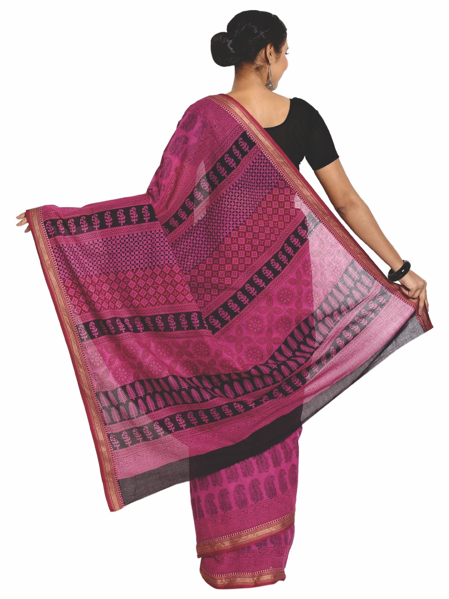 Pink Cotton Hand Block Bagh Print Handcrafted Saree-Saree-Kalakari India-ZIBASA0082-Bagh, Cotton, Geographical Indication, Hand Blocks, Hand Crafted, Heritage Prints, Natural Dyes, Sarees, Sustainable Fabrics-[Linen,Ethnic,wear,Fashionista,Handloom,Handicraft,Indigo,blockprint,block,print,Cotton,Chanderi,Blue, latest,classy,party,bollywood,trendy,summer,style,traditional,formal,elegant,unique,style,hand,block,print, dabu,booti,gift,present,glamorous,affordable,collectible,Sari,Saree,printed, hol