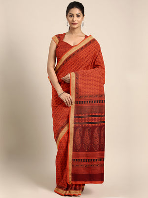 Orange and Black, Kalakari India Orange & Maroon Handblock Print Maheshwari Saree ZIBASA0085-Saree-Kalakari India-ZIBASA0085-Bagh, Geographical Indication, Hand Block, Hand Crafted, Heritage Prints, Maheshwari, Natural Dyes, Red, Sarees, Silk Blend, Sustainable Fabrics, Woven, Yellow-[Linen,Ethnic,wear,Fashionista,Handloom,Handicraft,Indigo,blockprint,block,print,Cotton,Chanderi,Blue, latest,classy,party,bollywood,trendy,summer,style,traditional,formal,elegant,unique,style,hand,block,print, dabu
