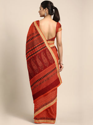 Orange and Black, Kalakari India Orange & Maroon Handblock Print Maheshwari Saree ZIBASA0085-Saree-Kalakari India-ZIBASA0085-Bagh, Geographical Indication, Hand Block, Hand Crafted, Heritage Prints, Maheshwari, Natural Dyes, Red, Sarees, Silk Blend, Sustainable Fabrics, Woven, Yellow-[Linen,Ethnic,wear,Fashionista,Handloom,Handicraft,Indigo,blockprint,block,print,Cotton,Chanderi,Blue, latest,classy,party,bollywood,trendy,summer,style,traditional,formal,elegant,unique,style,hand,block,print, dabu