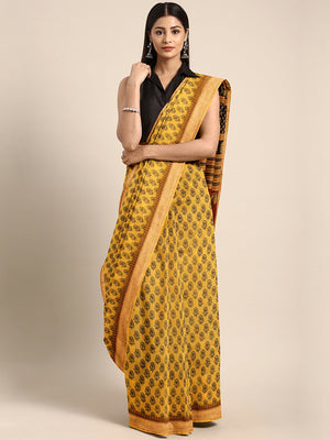 Yellow and Black, Kalakari India Mustard Yellow & Black Handblock Print Maheshwari Saree ZIBASA0093-Saree-Kalakari India-ZIBASA0093-Bagh, Geographical Indication, Hand Block, Hand Crafted, Heritage Prints, Maheshwari, Natural Dyes, Red, Sarees, Silk Blend, Sustainable Fabrics, Woven, Yellow-[Linen,Ethnic,wear,Fashionista,Handloom,Handicraft,Indigo,blockprint,block,print,Cotton,Chanderi,Blue, latest,classy,party,bollywood,trendy,summer,style,traditional,formal,elegant,unique,style,hand,block,prin