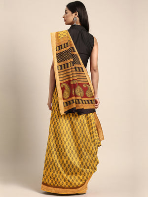 Yellow and Black, Kalakari India Mustard Yellow & Black Handblock Print Maheshwari Saree ZIBASA0093-Saree-Kalakari India-ZIBASA0093-Bagh, Geographical Indication, Hand Block, Hand Crafted, Heritage Prints, Maheshwari, Natural Dyes, Red, Sarees, Silk Blend, Sustainable Fabrics, Woven, Yellow-[Linen,Ethnic,wear,Fashionista,Handloom,Handicraft,Indigo,blockprint,block,print,Cotton,Chanderi,Blue, latest,classy,party,bollywood,trendy,summer,style,traditional,formal,elegant,unique,style,hand,block,prin