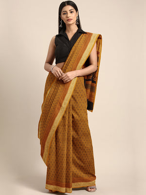 Mustard and Black, Kalakari India Mustard Yellow & Black Handblock Print Maheshwari Saree ZIBASA0095-Saree-Kalakari India-ZIBASA0095-Bagh, Geographical Indication, Hand Block, Hand Crafted, Heritage Prints, Maheshwari, Natural Dyes, Red, Sarees, Silk Blend, Sustainable Fabrics, Woven, Yellow-[Linen,Ethnic,wear,Fashionista,Handloom,Handicraft,Indigo,blockprint,block,print,Cotton,Chanderi,Blue, latest,classy,party,bollywood,trendy,summer,style,traditional,formal,elegant,unique,style,hand,block,pri