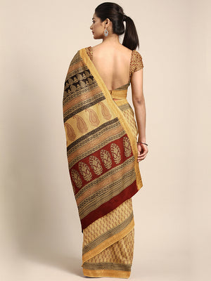 Yellow and Black, Kalakari India Yellow & Maroon Handblock Print Maheshwari Saree ZIBASA0097-Saree-Kalakari India-ZIBASA0097-Bagh, Geographical Indication, Hand Block, Hand Crafted, Heritage Prints, Maheshwari, Natural Dyes, Red, Sarees, Silk Blend, Sustainable Fabrics, Woven, Yellow-[Linen,Ethnic,wear,Fashionista,Handloom,Handicraft,Indigo,blockprint,block,print,Cotton,Chanderi,Blue, latest,classy,party,bollywood,trendy,summer,style,traditional,formal,elegant,unique,style,hand,block,print, dabu