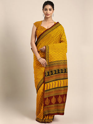 Yellow and Maroon, Kalakari India Mustard Yellow & Maroon Printed Bagh Saree ZIBASA0101-Saree-Kalakari India-ZIBASA0101-Bagh, Cotton, Geographical Indication, Hand Crafted, Heritage Prints, Natural Dyes, Red, Sarees, Sustainable Fabrics, Woven, Yellow-[Linen,Ethnic,wear,Fashionista,Handloom,Handicraft,Indigo,blockprint,block,print,Cotton,Chanderi,Blue, latest,classy,party,bollywood,trendy,summer,style,traditional,formal,elegant,unique,style,hand,block,print, dabu,booti,gift,present,glamorous,aff