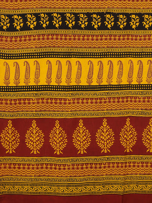 Yellow and Maroon, Kalakari India Mustard Yellow & Maroon Printed Bagh Saree ZIBASA0101-Saree-Kalakari India-ZIBASA0101-Bagh, Cotton, Geographical Indication, Hand Crafted, Heritage Prints, Natural Dyes, Red, Sarees, Sustainable Fabrics, Woven, Yellow-[Linen,Ethnic,wear,Fashionista,Handloom,Handicraft,Indigo,blockprint,block,print,Cotton,Chanderi,Blue, latest,classy,party,bollywood,trendy,summer,style,traditional,formal,elegant,unique,style,hand,block,print, dabu,booti,gift,present,glamorous,aff