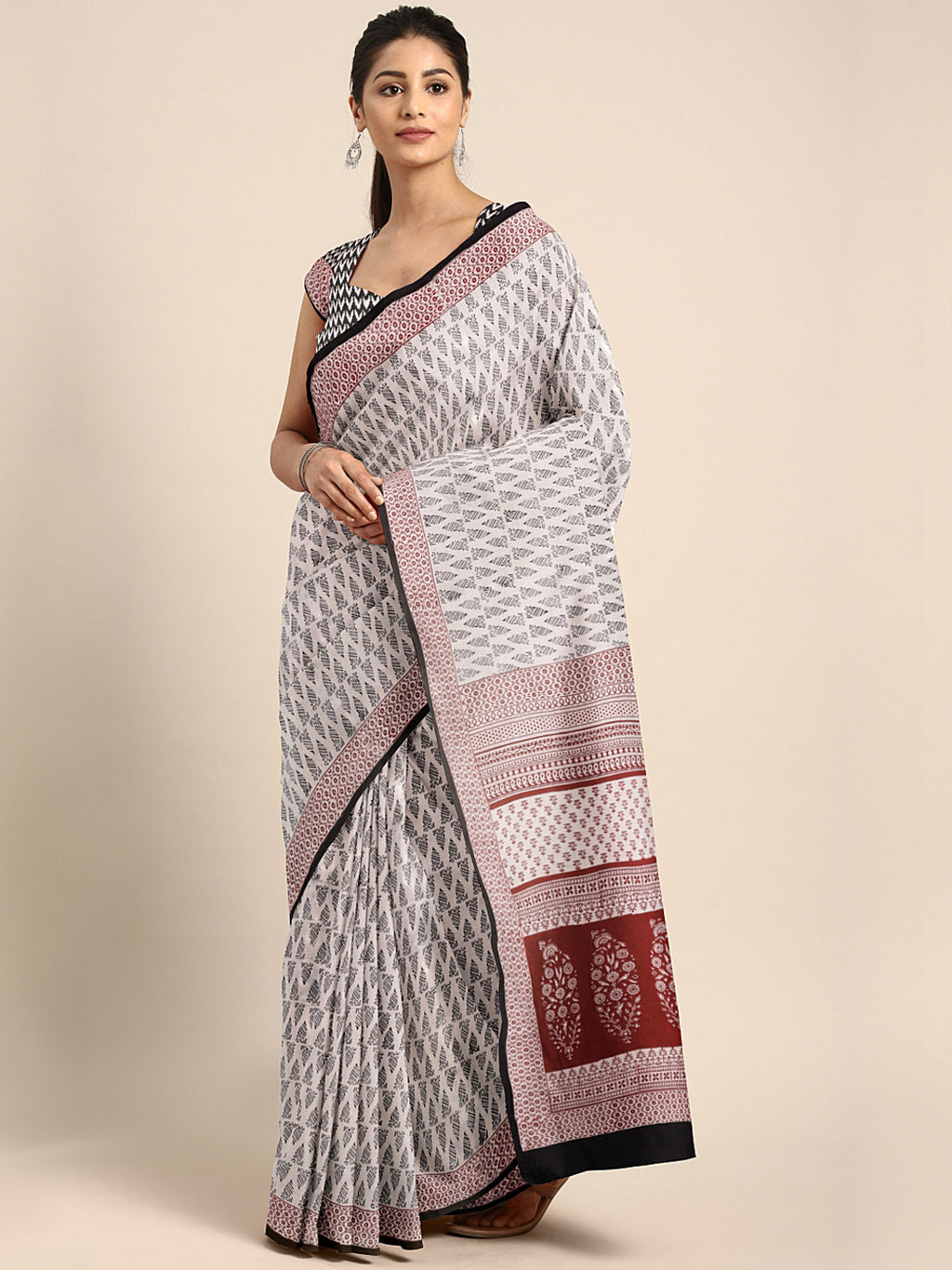 White and Maroon, Kalakari India Beige & Black Printed Bagh Saree ZIBASA0102-Saree-Kalakari India-ZIBASA0102-Bagh, Cotton, Geographical Indication, Hand Crafted, Heritage Prints, Natural Dyes, Red, Sarees, Sustainable Fabrics, Woven, Yellow-[Linen,Ethnic,wear,Fashionista,Handloom,Handicraft,Indigo,blockprint,block,print,Cotton,Chanderi,Blue, latest,classy,party,bollywood,trendy,summer,style,traditional,formal,elegant,unique,style,hand,block,print, dabu,booti,gift,present,glamorous,affordable,col