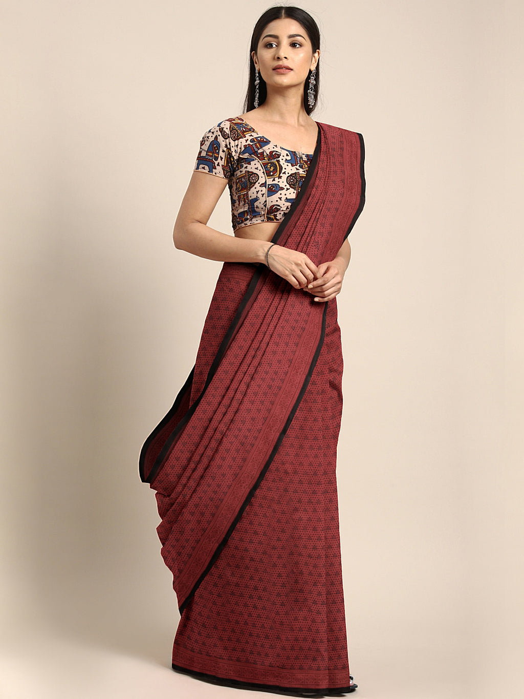 Maroon and Black, Kalakari India Maroon & Black Pure Cotton Handblock Bagh Saree ZIBASA0105-Saree-Kalakari India-ZIBASA0105-Bagh, Cotton, Geographical Indication, Hand Crafted, Heritage Prints, Natural Dyes, Red, Sarees, Sustainable Fabrics, Woven, Yellow-[Linen,Ethnic,wear,Fashionista,Handloom,Handicraft,Indigo,blockprint,block,print,Cotton,Chanderi,Blue, latest,classy,party,bollywood,trendy,summer,style,traditional,formal,elegant,unique,style,hand,block,print, dabu,booti,gift,present,glamorous