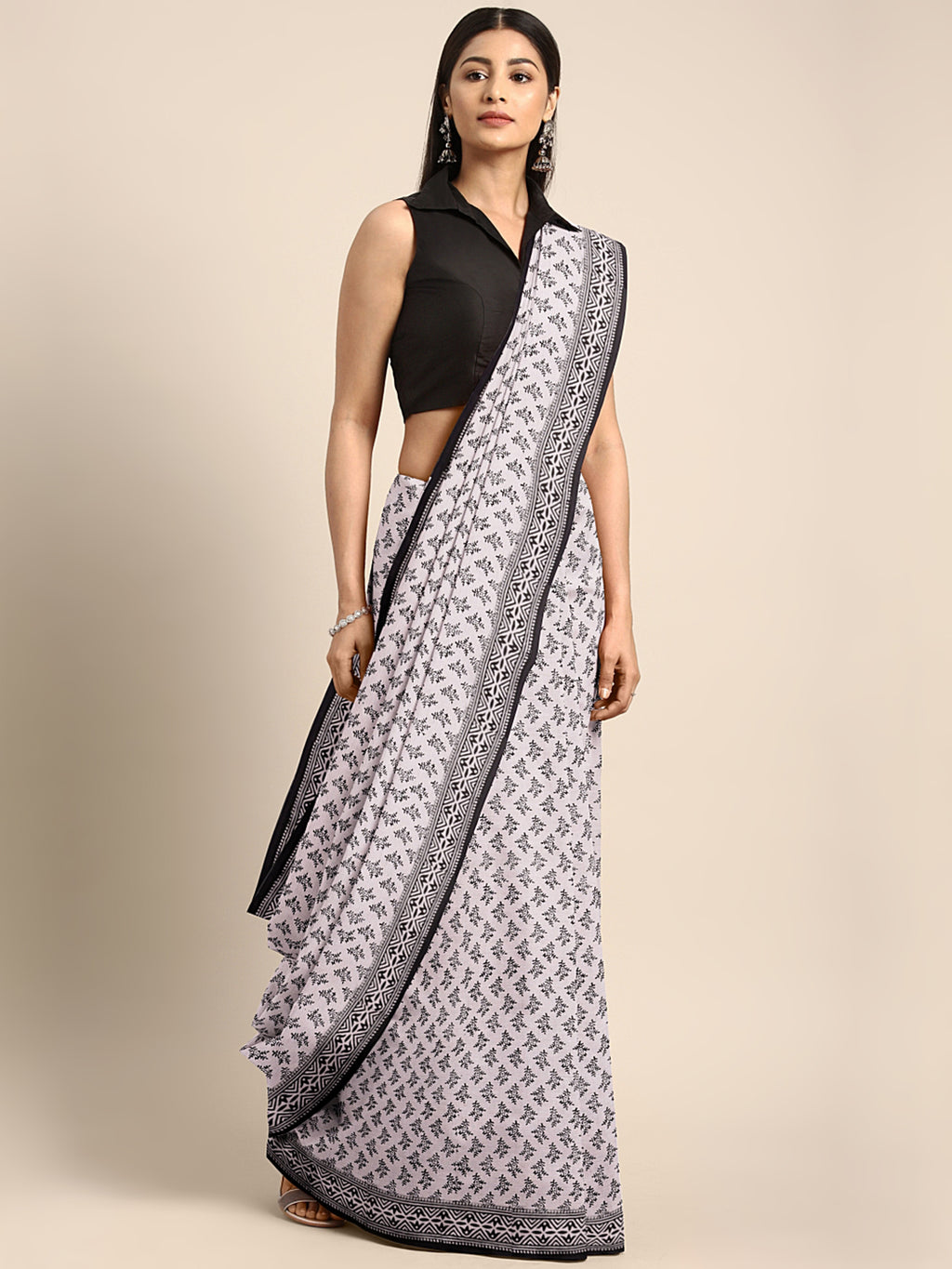 White and Black, Kalakari India Off-White & Black Handblock Print Bagh Saree ZIBASA0107-Saree-Kalakari India-ZIBASA0107-Bagh, Cotton, Geographical Indication, Hand Crafted, Heritage Prints, Natural Dyes, Red, Sarees, Sustainable Fabrics, Woven, Yellow-[Linen,Ethnic,wear,Fashionista,Handloom,Handicraft,Indigo,blockprint,block,print,Cotton,Chanderi,Blue, latest,classy,party,bollywood,trendy,summer,style,traditional,formal,elegant,unique,style,hand,block,print, dabu,booti,gift,present,glamorous,aff