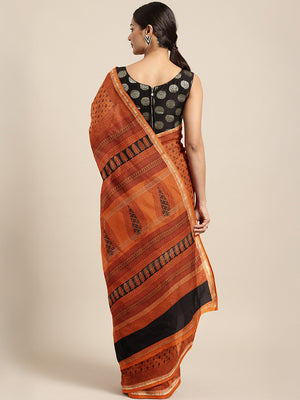 Orange and Black, Kalakari India Orange & Black Printed Maheshwari Saree ZIBASA0110-Saree-Kalakari India-ZIBASA0110-Bagh, Geographical Indication, Hand Block, Hand Crafted, Heritage Prints, Maheshwari, Natural Dyes, Red, Sarees, Silk Blend, Sustainable Fabrics, Woven, Yellow-[Linen,Ethnic,wear,Fashionista,Handloom,Handicraft,Indigo,blockprint,block,print,Cotton,Chanderi,Blue, latest,classy,party,bollywood,trendy,summer,style,traditional,formal,elegant,unique,style,hand,block,print, dabu,booti,gi