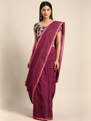 Pink and Black, Kalakari India Pink & Black Silk Blend Printed Maheshwari Saree ZIBASA0111-Saree-Kalakari India-ZIBASA0111-Bagh, Geographical Indication, Hand Block, Hand Crafted, Heritage Prints, Maheshwari, Natural Dyes, Red, Sarees, Silk Blend, Sustainable Fabrics, Woven, Yellow-[Linen,Ethnic,wear,Fashionista,Handloom,Handicraft,Indigo,blockprint,block,print,Cotton,Chanderi,Blue, latest,classy,party,bollywood,trendy,summer,style,traditional,formal,elegant,unique,style,hand,block,print, dabu,b